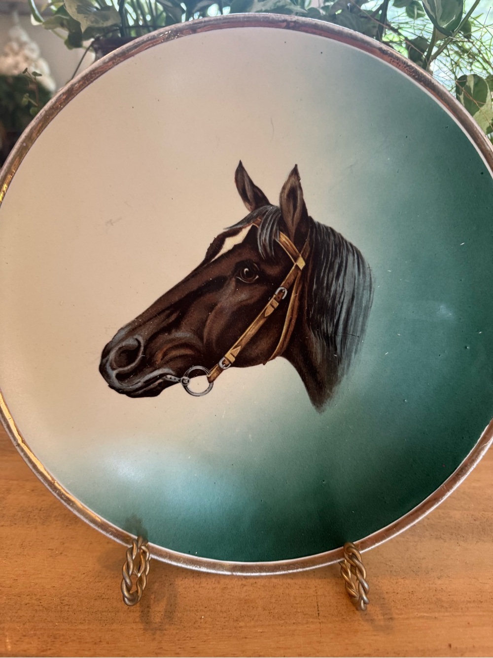 Antique Horse Head Wall Plate in Green, Brown and Gold